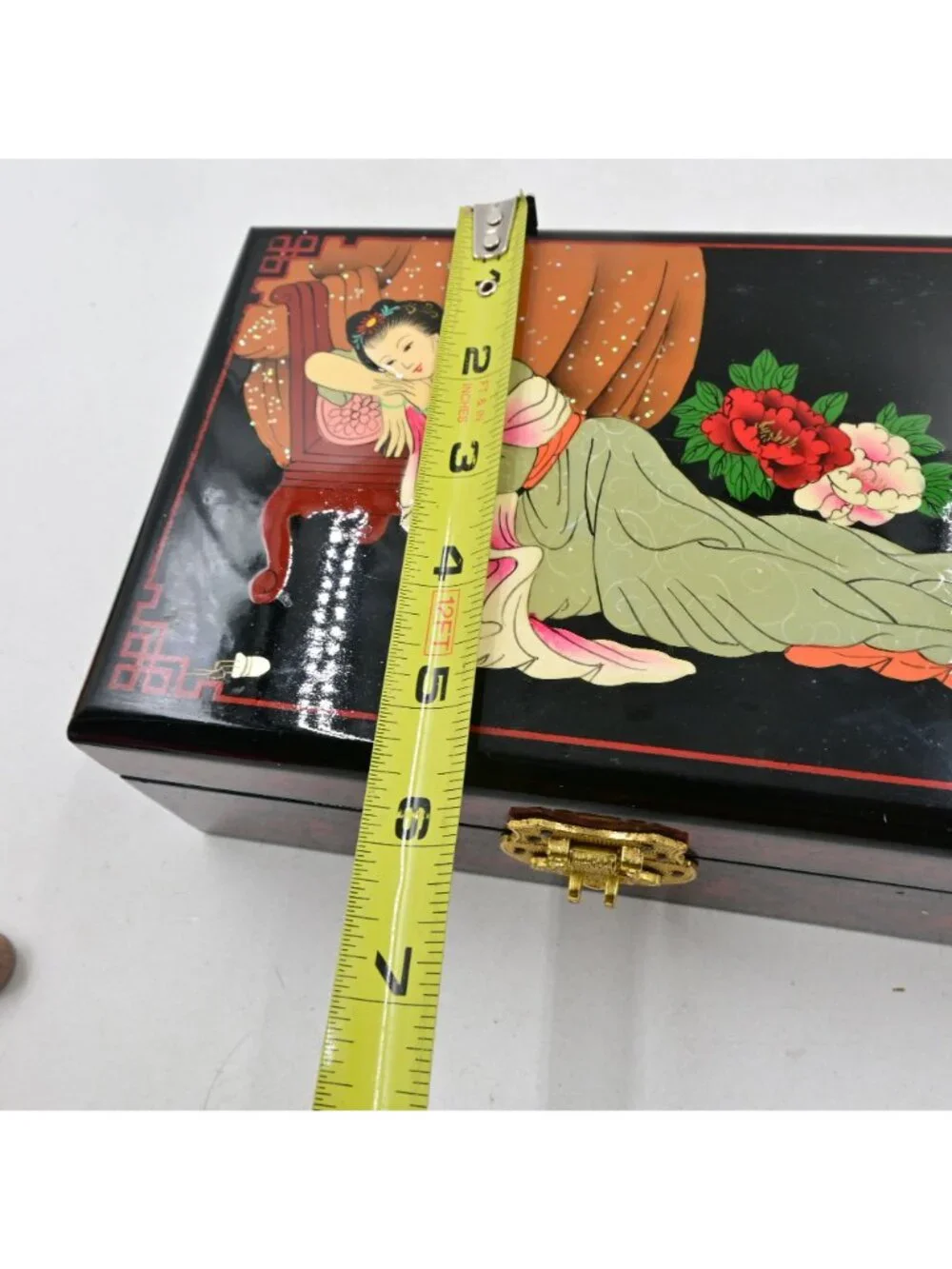 Chinese Black Lacquer Jewelry Box Vintage Hand Painted Reclining Lady Mirror
